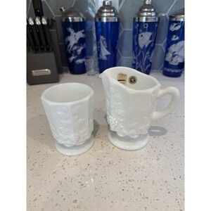 Westmoreland Paneled Grape Milk Glass Creamer Sugar Original Sticker Mid Century